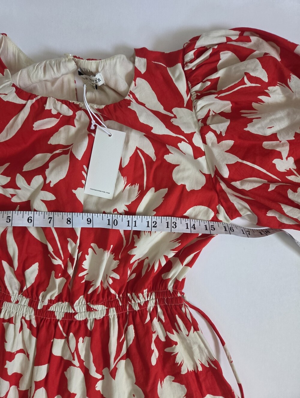 NWT Moon River red cream floral cutout puff sleeve cotton midi dress sz S - Picture 10 of 11